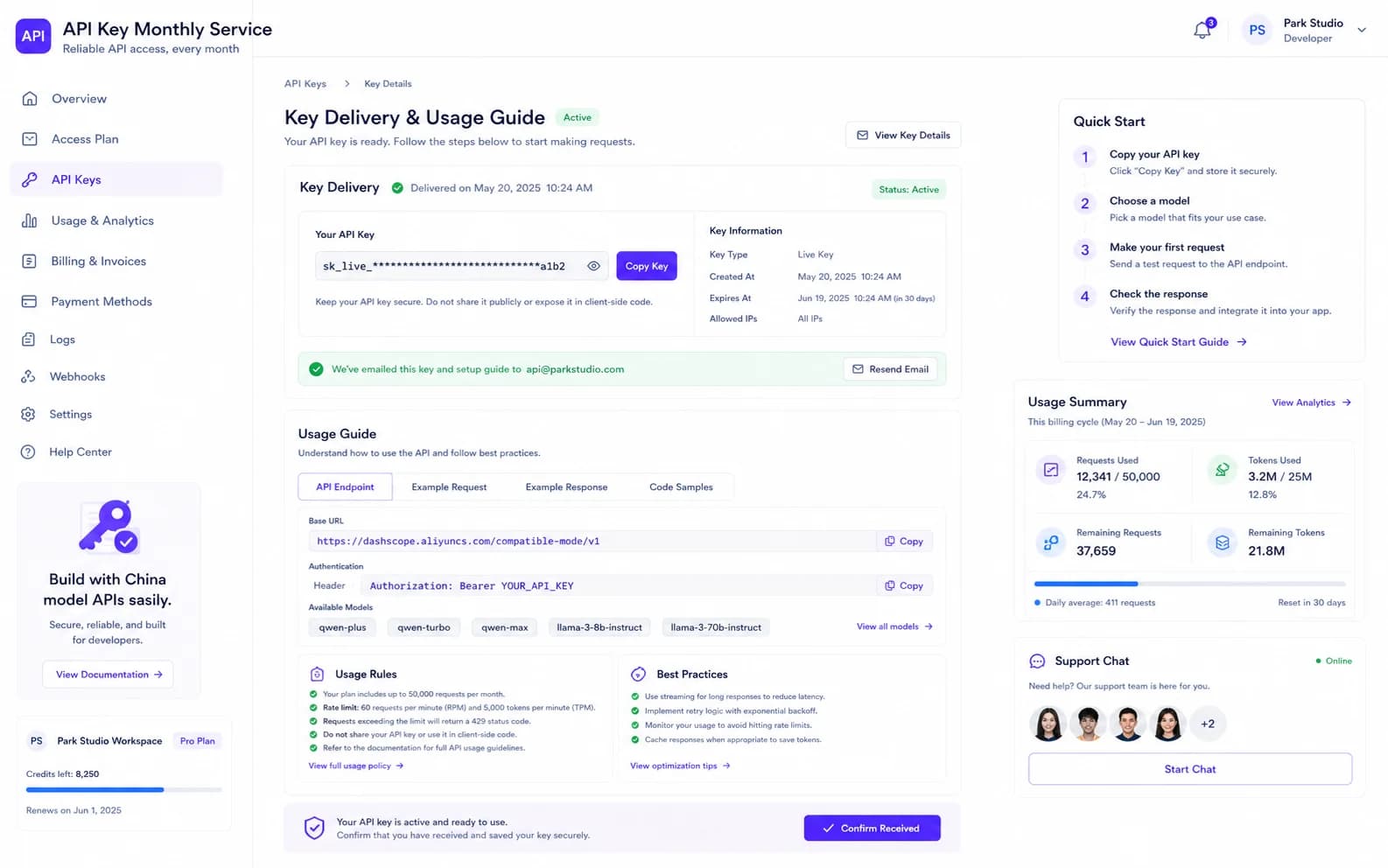 API Key Monthly Service workflow product screenshot