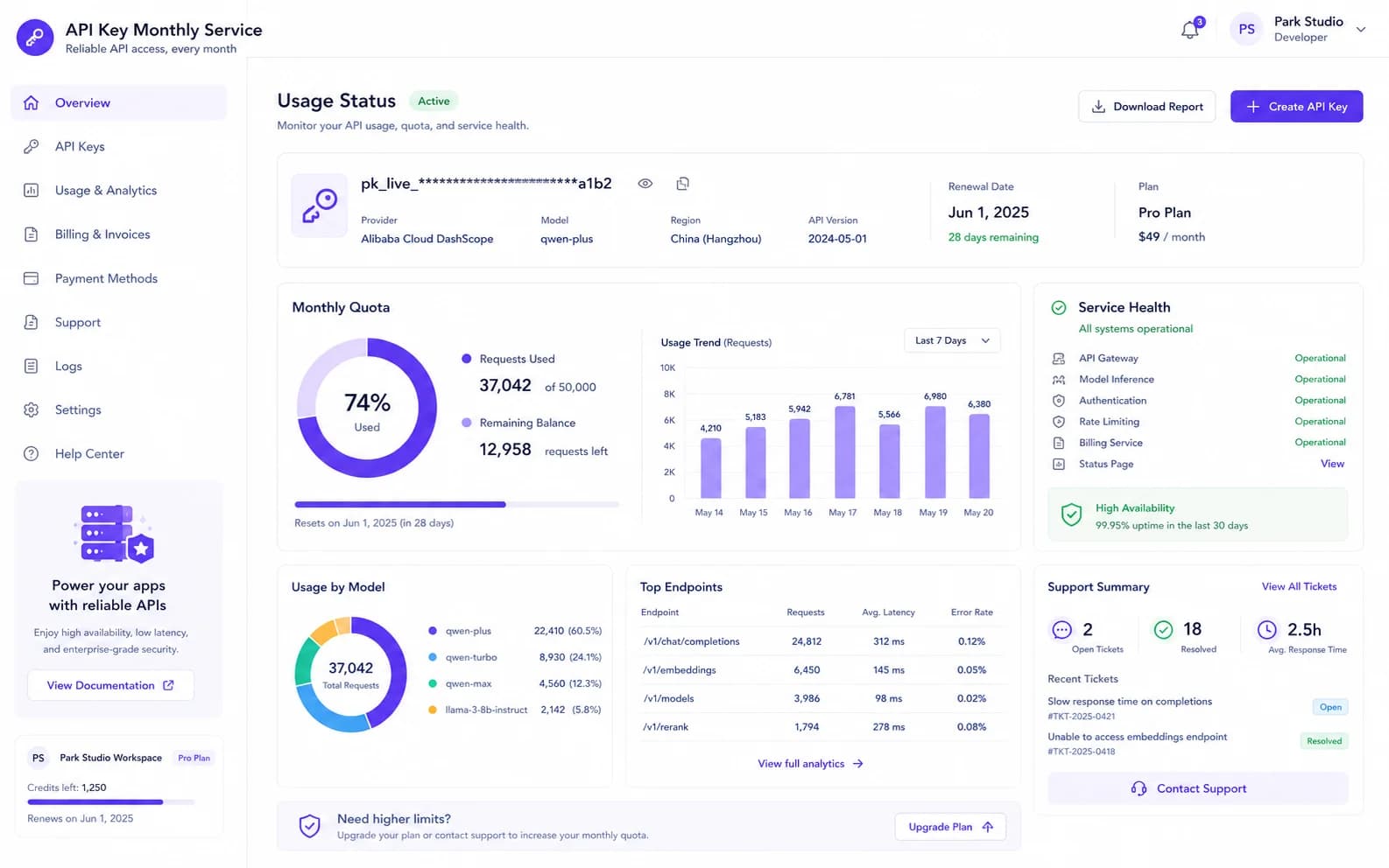 API Key Monthly Service results product screenshot