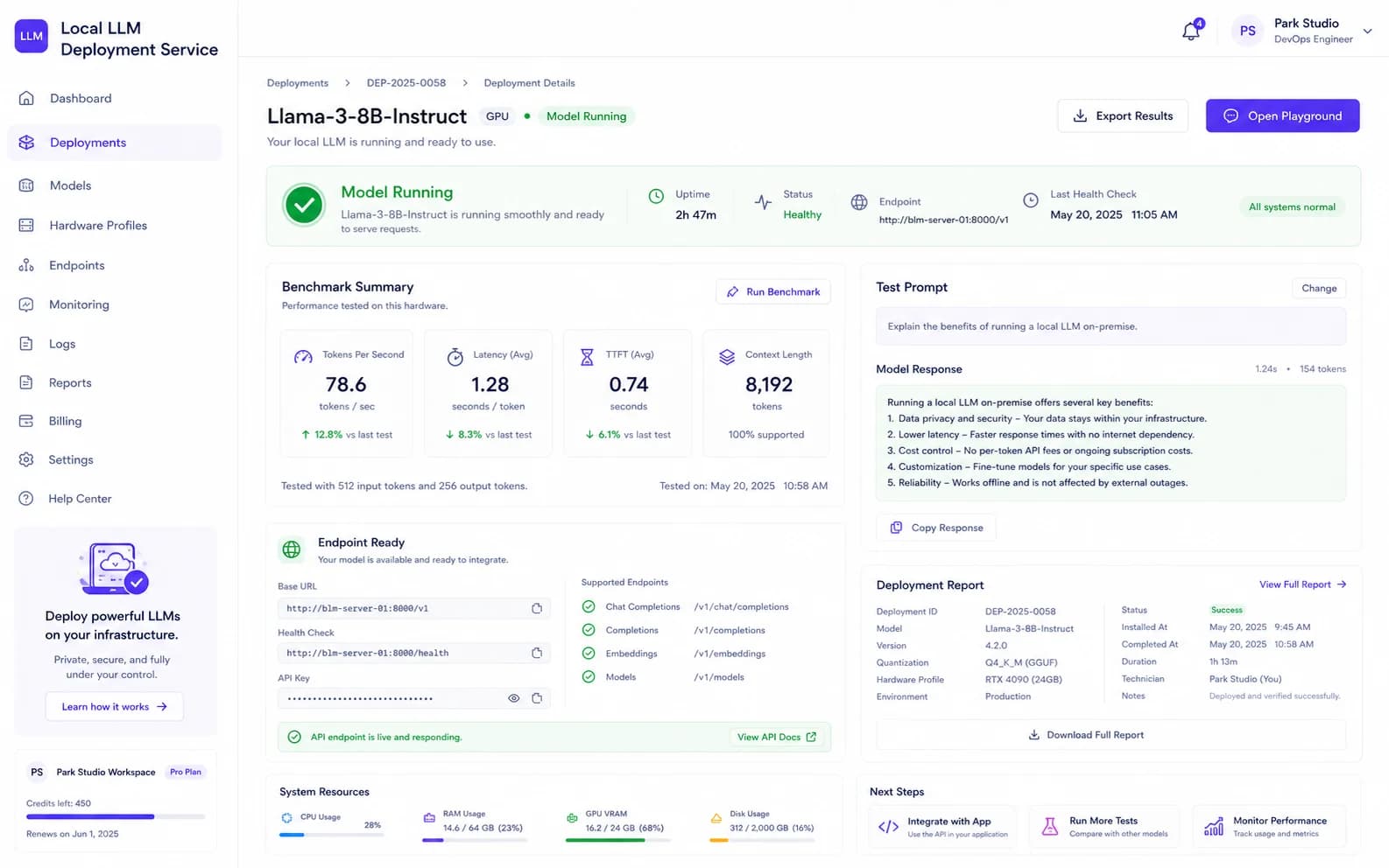 Local LLM Deployment Service results product screenshot