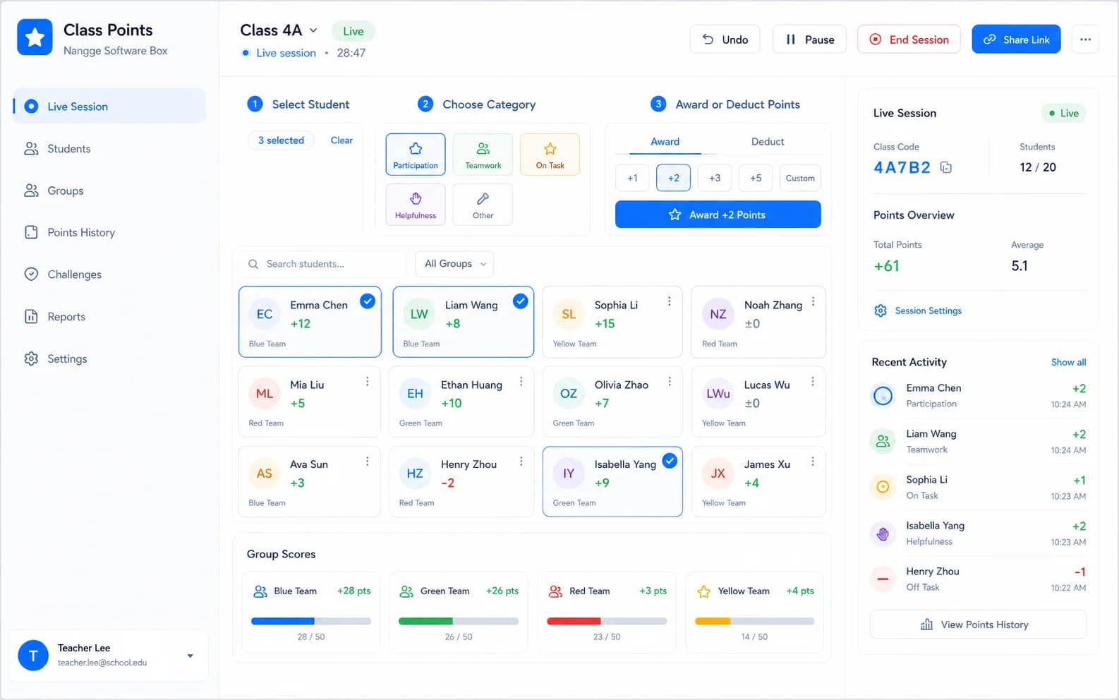 Class Points workflow product screenshot