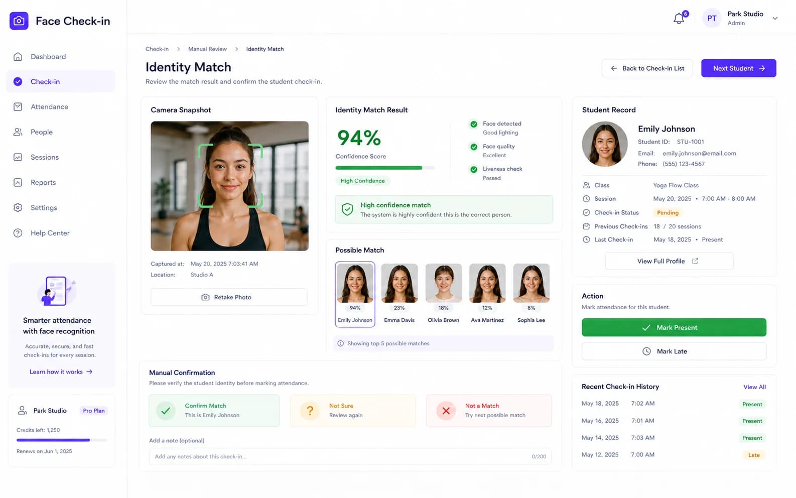 Face Check-in workflow product screenshot