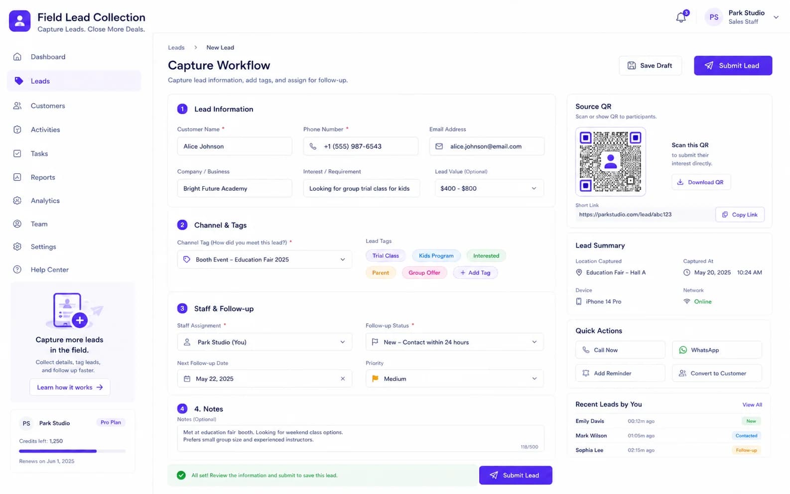 Field Lead Collection workflow product screenshot