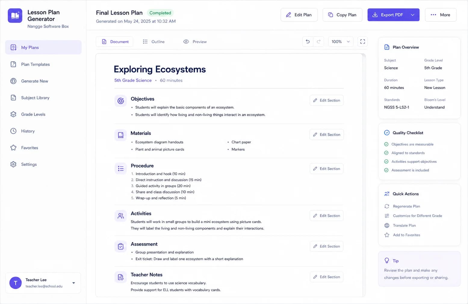 Lesson Plan Generator results product screenshot