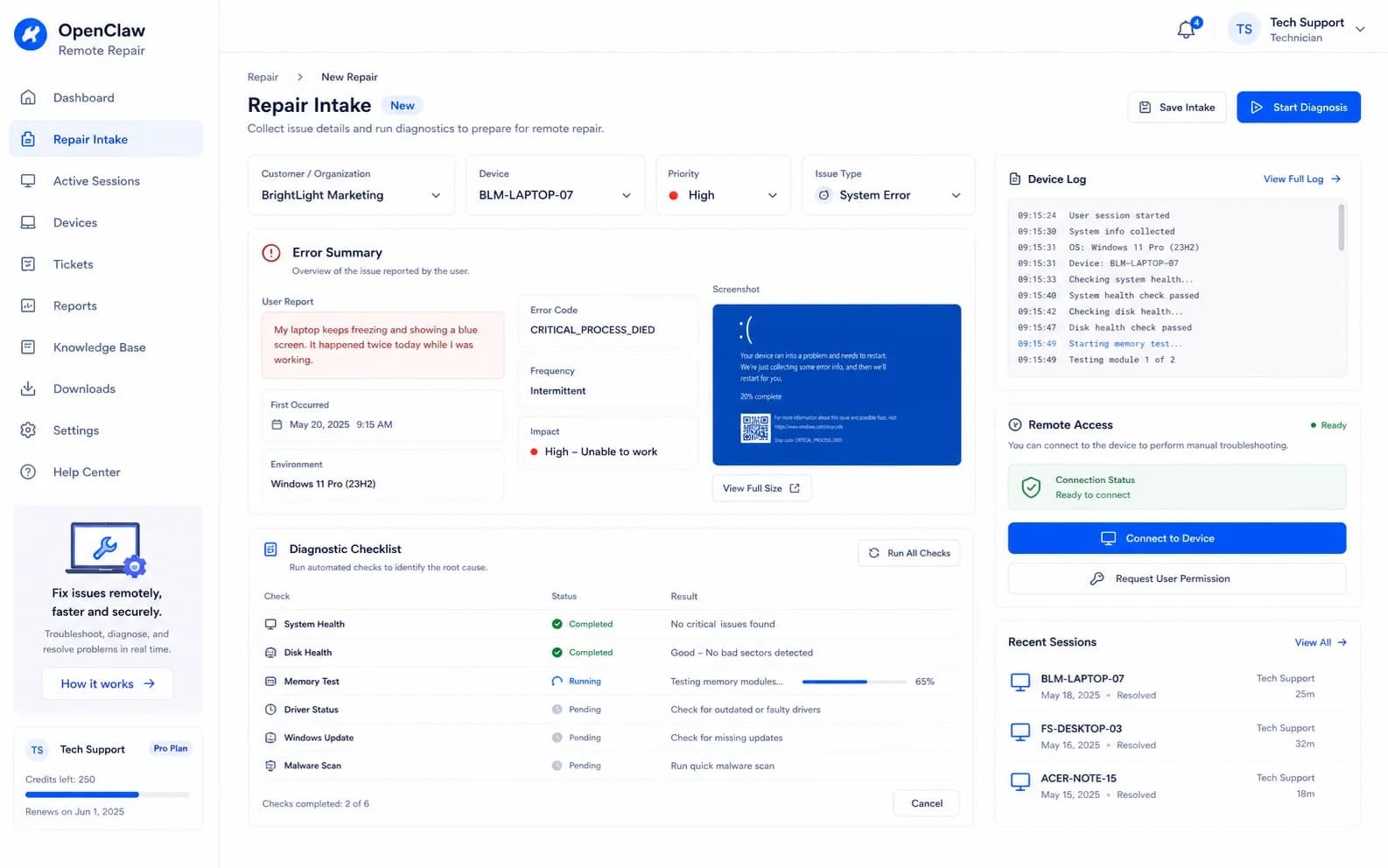 OpenClaw Remote Repair overview product screenshot