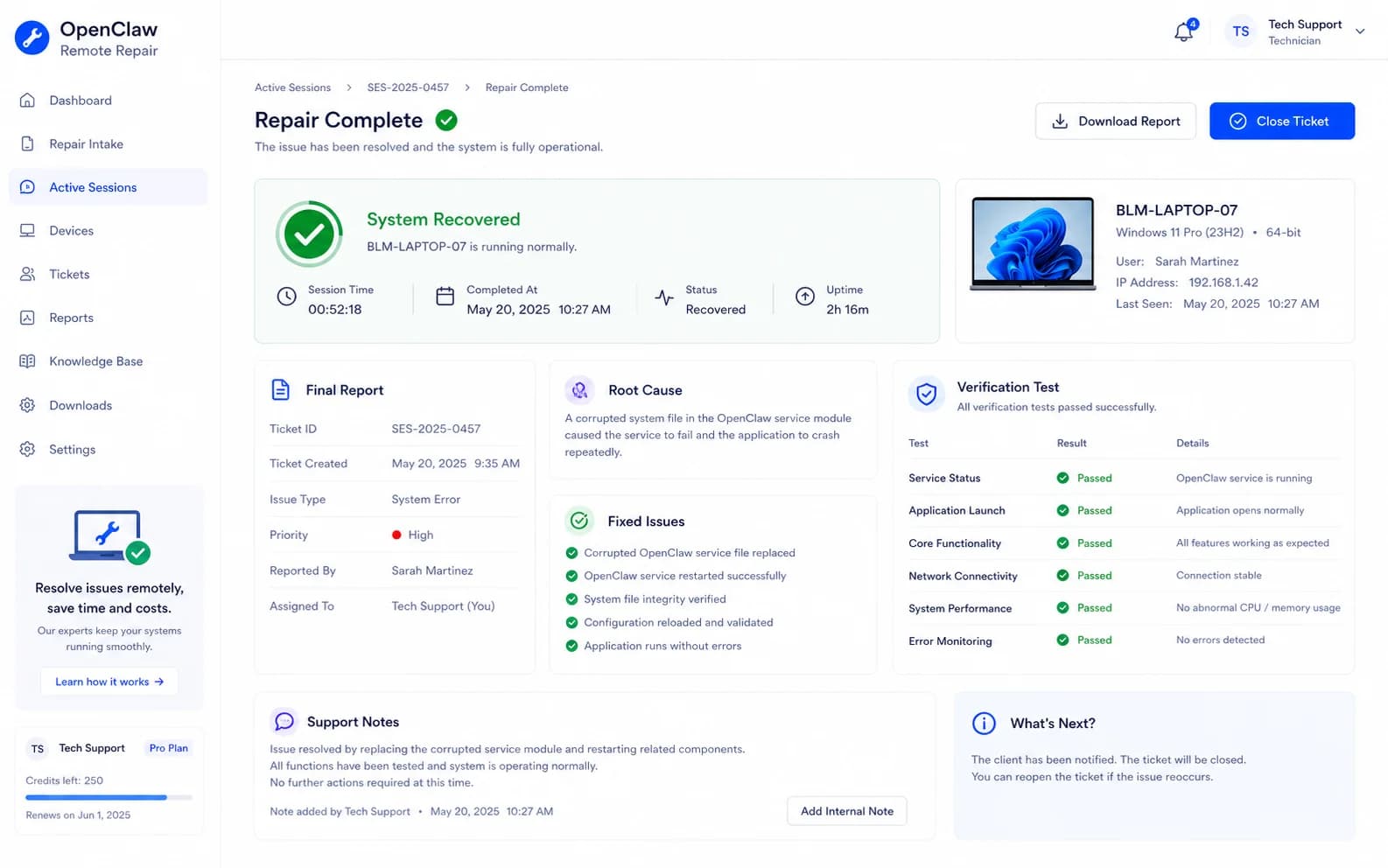 OpenClaw Remote Repair results product screenshot