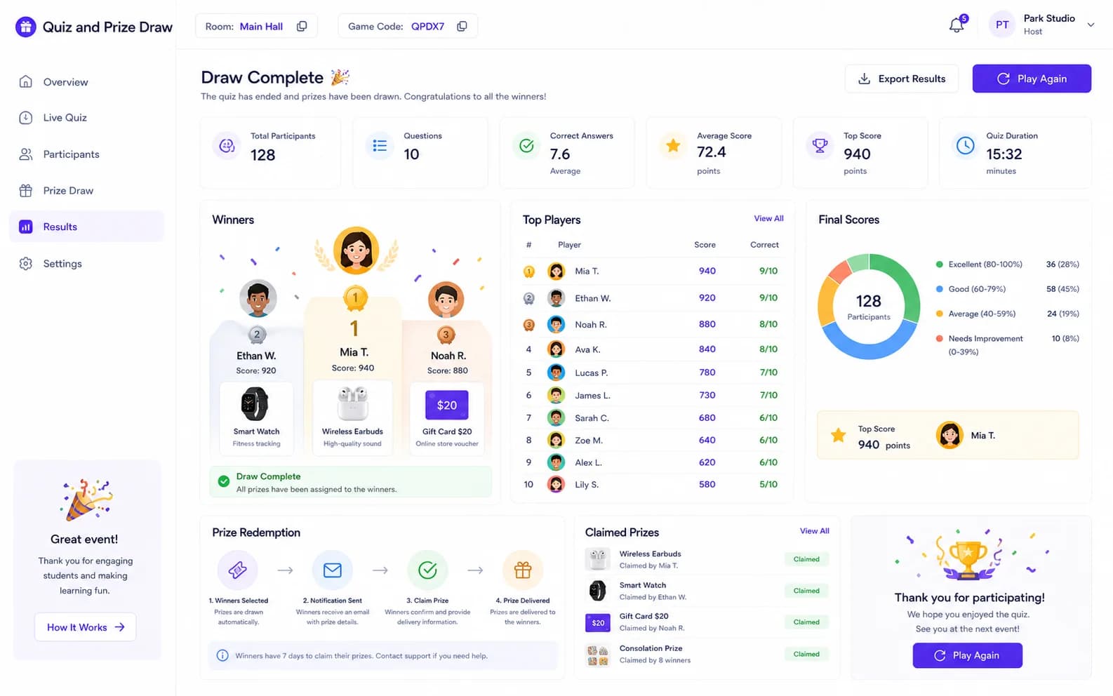 Quiz and Prize Draw results product screenshot