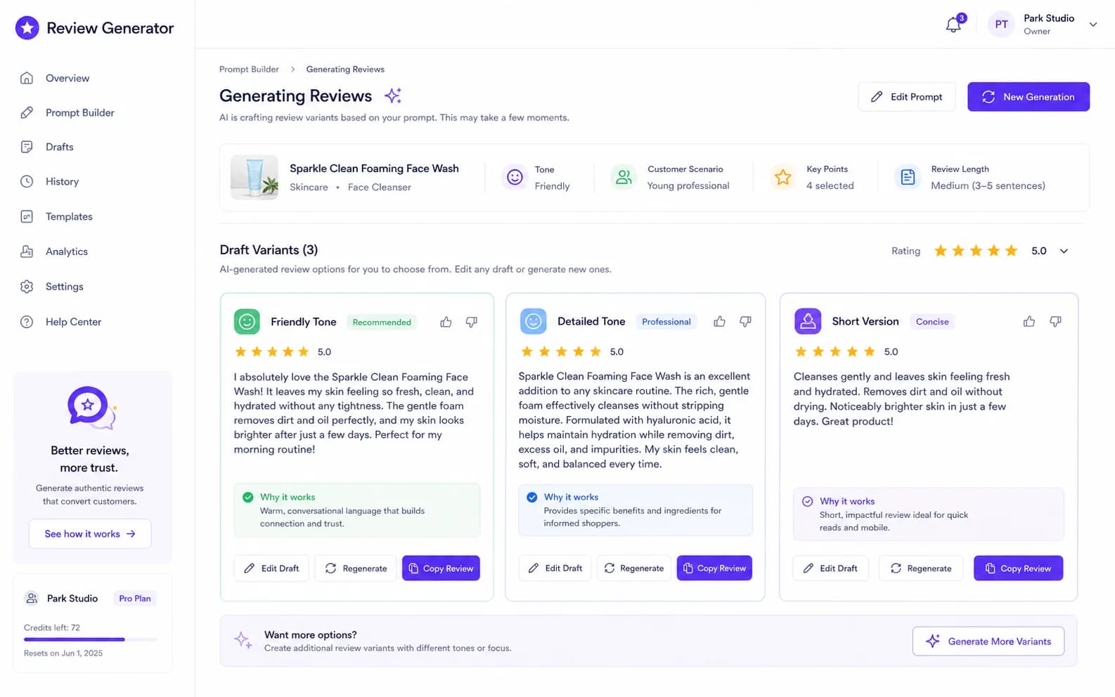 Review Generator workflow product screenshot