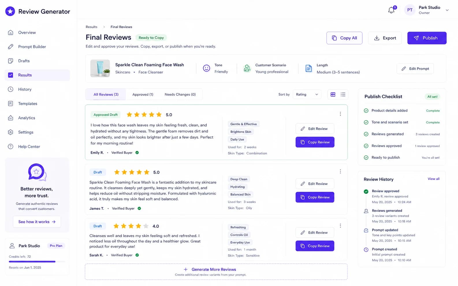 Review Generator results product screenshot
