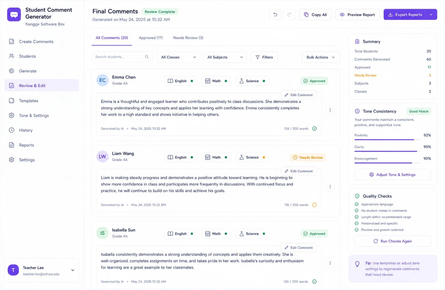 Student Comment Generator results product screenshot